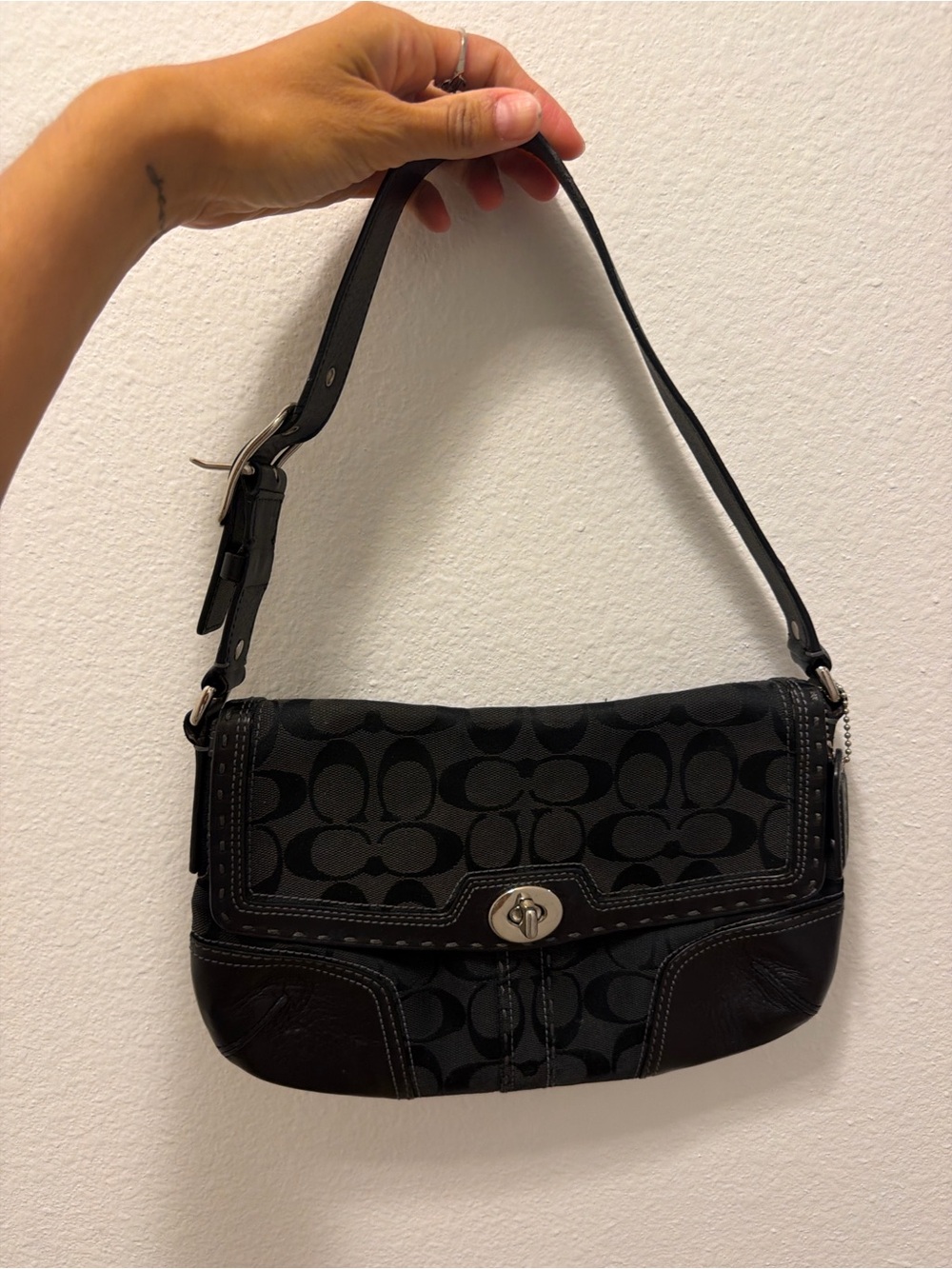 Coach Black Signature Canvas Shoulder Bag with Leather Trim